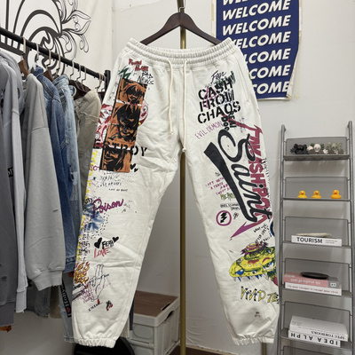 Saint Michael恶搞涂鸦印花洗水做旧美式高街男休闲宽松束脚卫裤