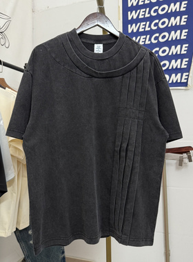 美式高街25SS新款褶皱拼接设计重磅320G水洗做旧男女宽松短袖T恤