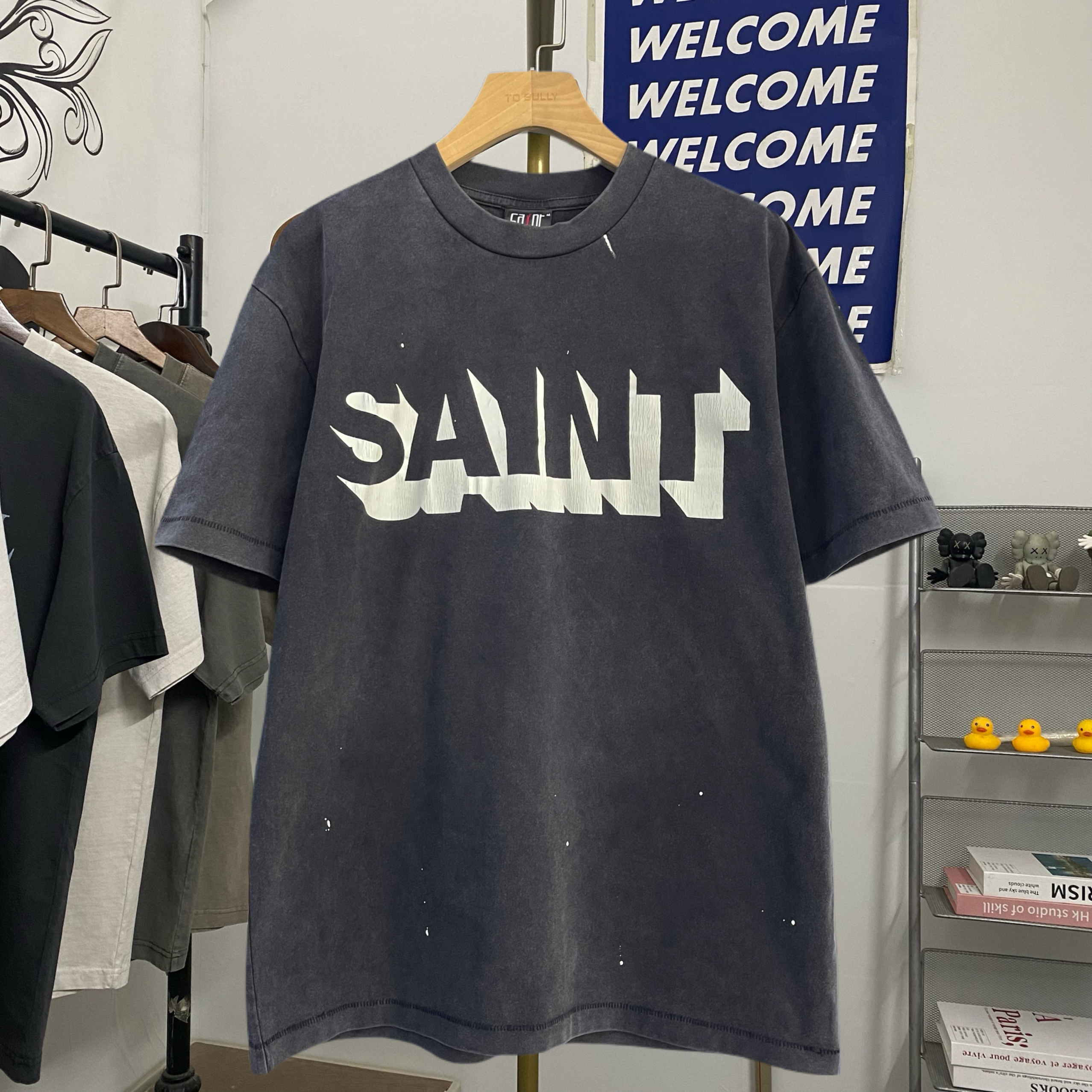 Saint Michael潮牌SAINT字母裂纹印花复古水洗做旧Vintage短袖T恤