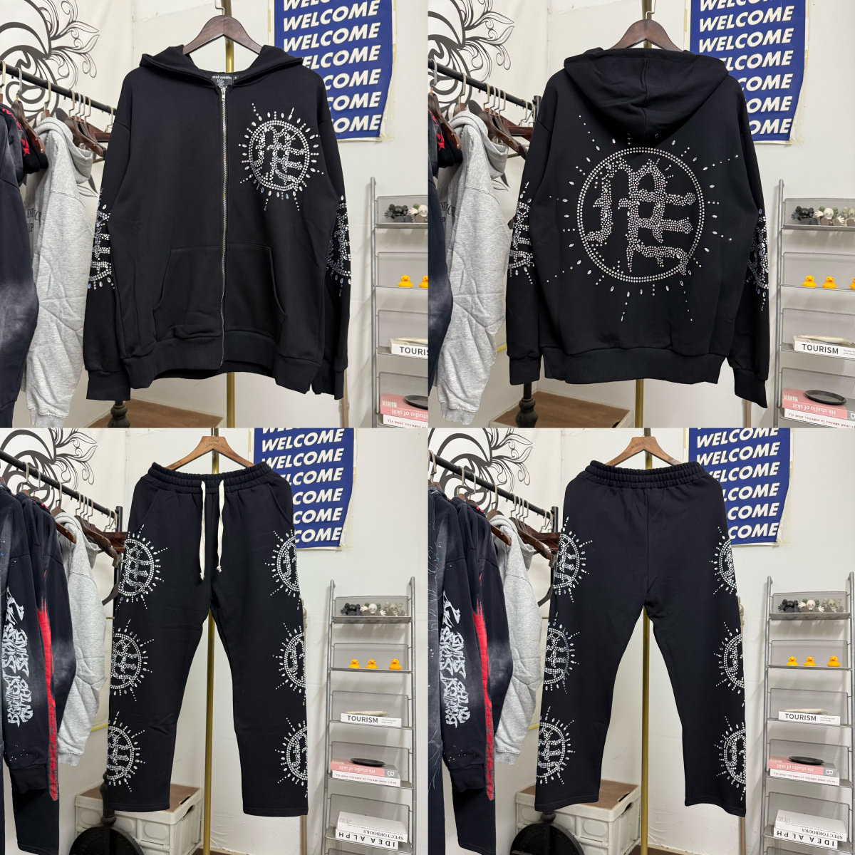 MIXED EMOTION高街潮流烫钻logo拉链开衫连帽卫衣套装男宽松休闲