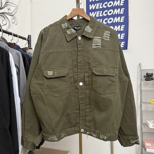 紐扣開衫 高品質(zhì)FAR 磨爛割破短款 牛仔夾克外套男女同款 25fw新款
