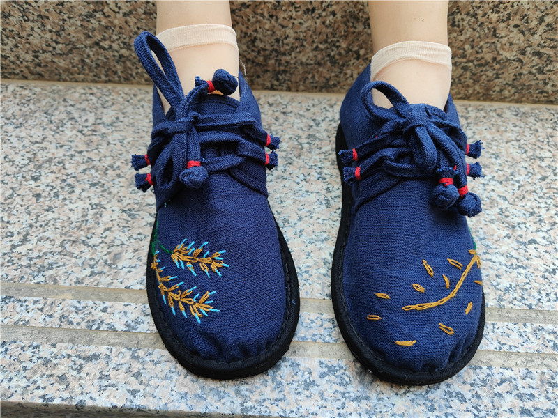 纯手工亚麻面料手工刺绣麦穗图案系带盘扣休闲手纳千层底布鞋女款