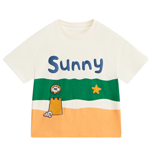 MQD夏装儿童男童短袖t恤2025新款圆领拼色图案宽松印花上衣休闲衫