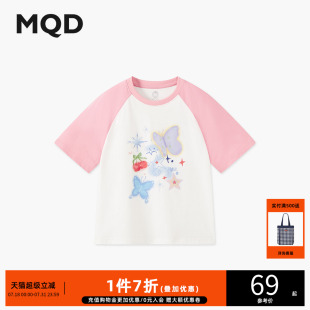 T恤 女童夏季 新品 学院风中大童插肩袖 拼色甜美卡通上衣蝴蝶短袖