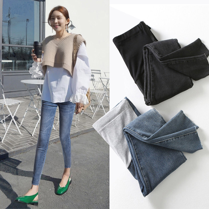 孕妇牛仔裤春秋款外穿潮妈薄款紧身小脚长裤秋冬季九分打底裤加绒