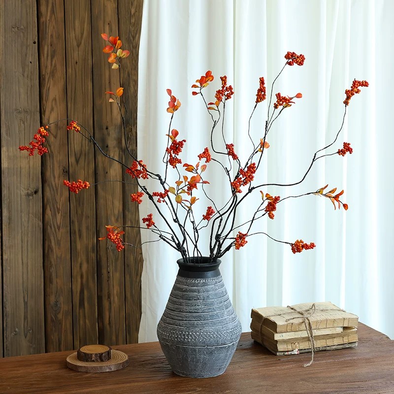 仿真柿子树枝假花摆设柿柿如意新中式餐桌花艺插花装饰摆件