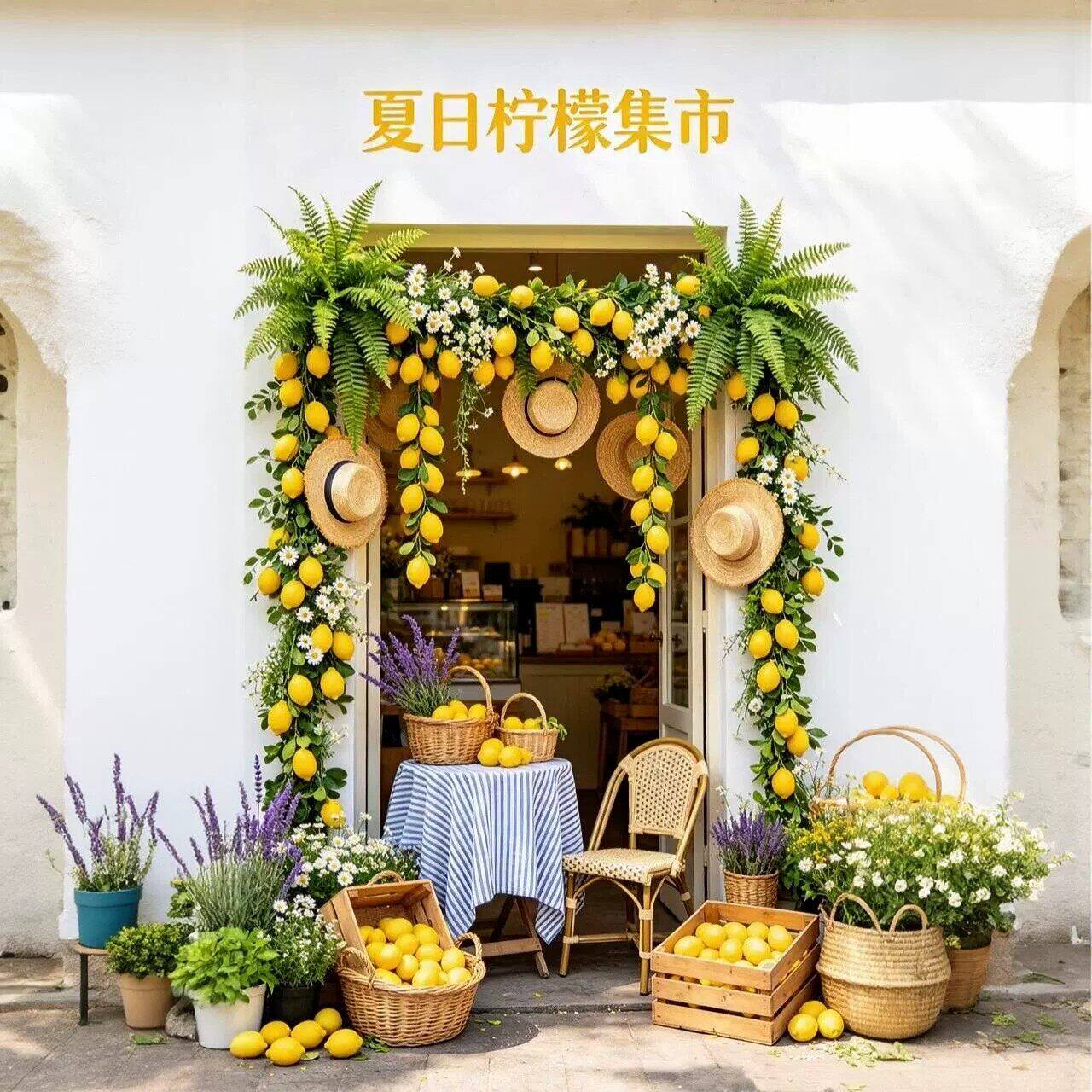餐厅夏日仿真柠檬装饰摆件田园风造景夏季氛围打卡点柠檬藤条吊饰