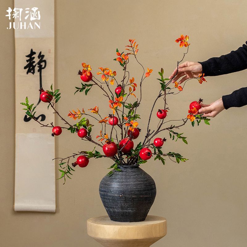 高档长枝仿真石榴果树枝浆果假花落地插花客厅玄关氛围感摆件