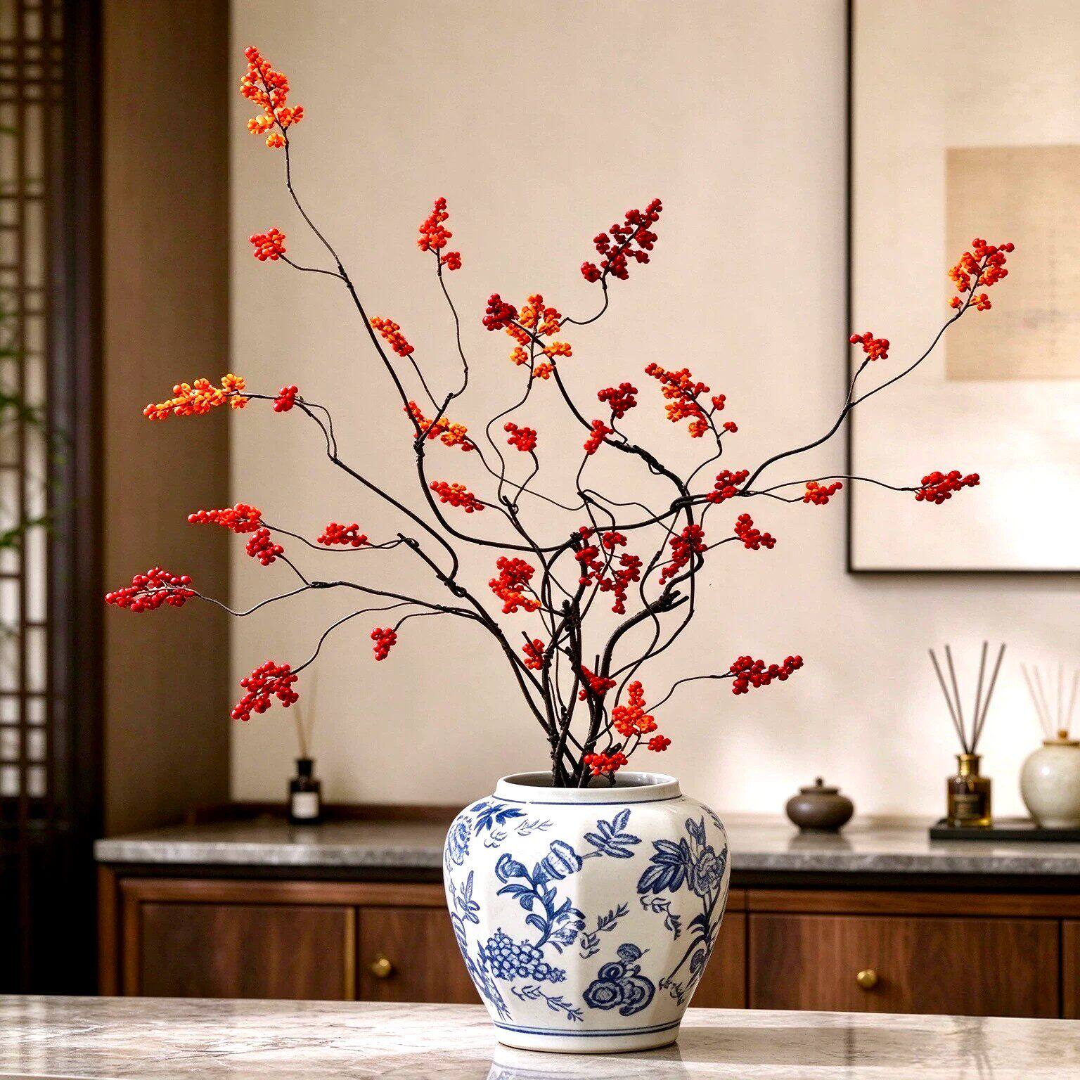 串串金果秋叶仿真浆果干枝假花客厅过年喜庆桌面花艺插花摆设