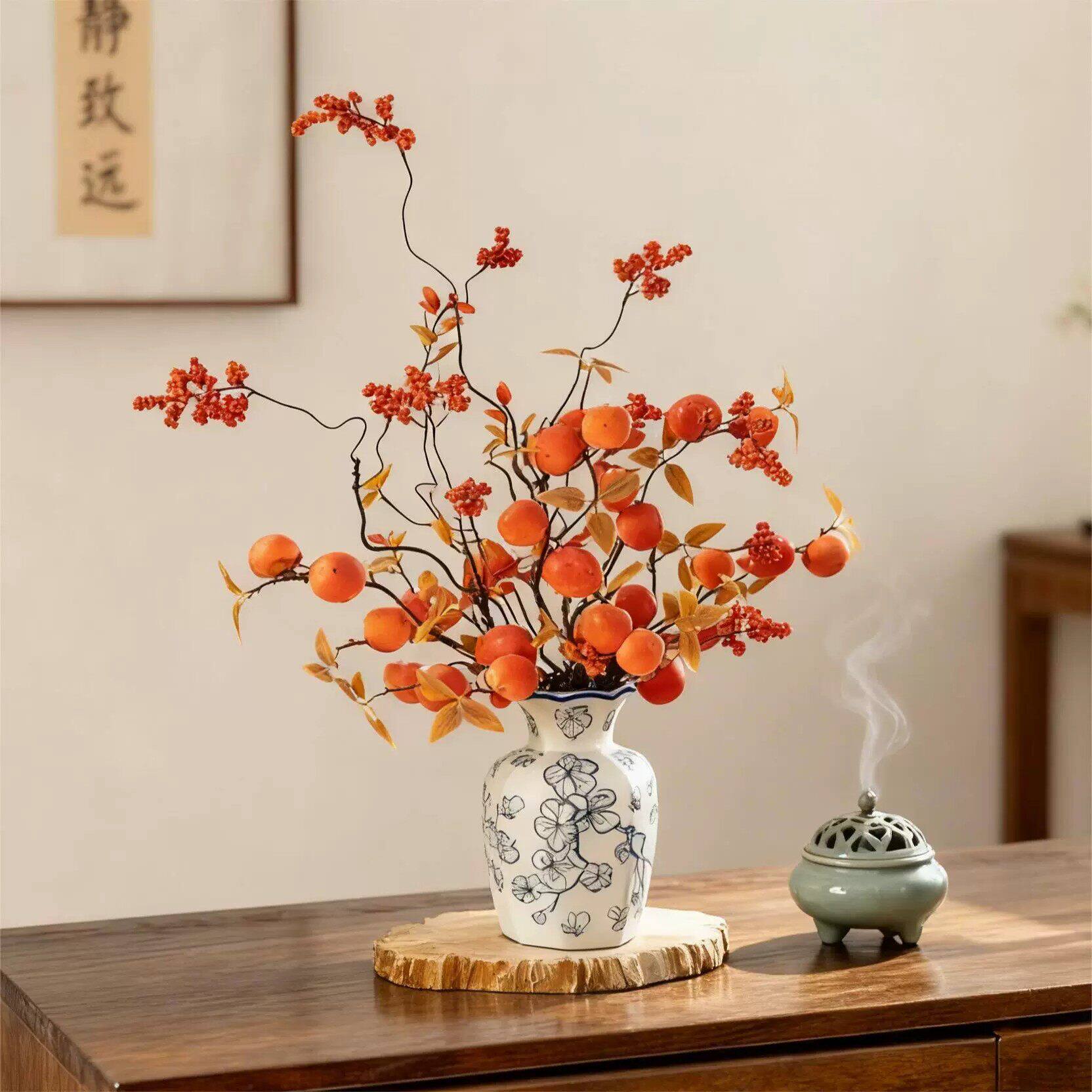 串串金果秋叶仿真发财果浆果假花静奢风玄关电视柜家居花艺摆设