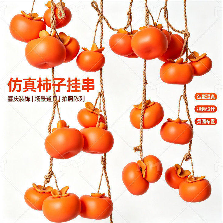 仿真柿子果串墙上挂件家居客厅秋季造景墙面柿子挂件摆件