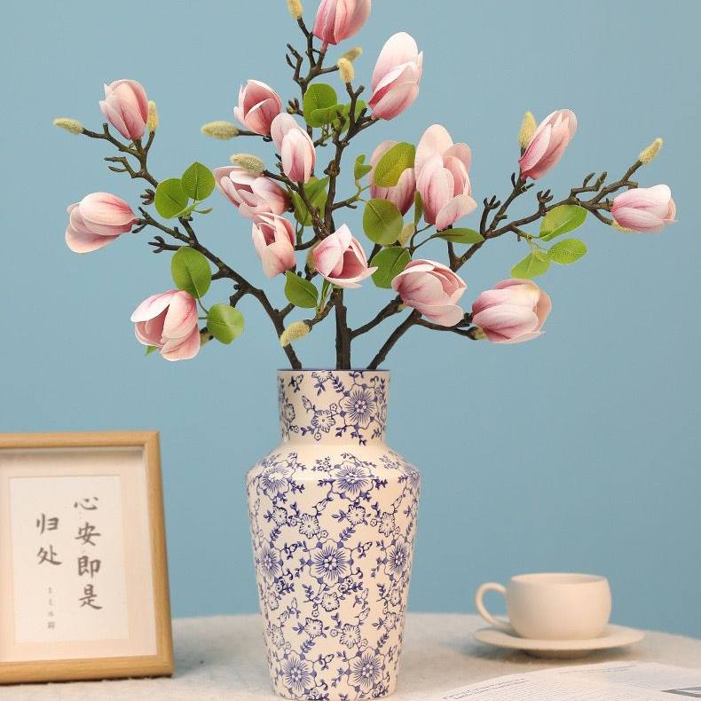 轻奢胶片含苞玉兰仿真花新中式餐桌花艺摆件客厅电视柜装饰假花束