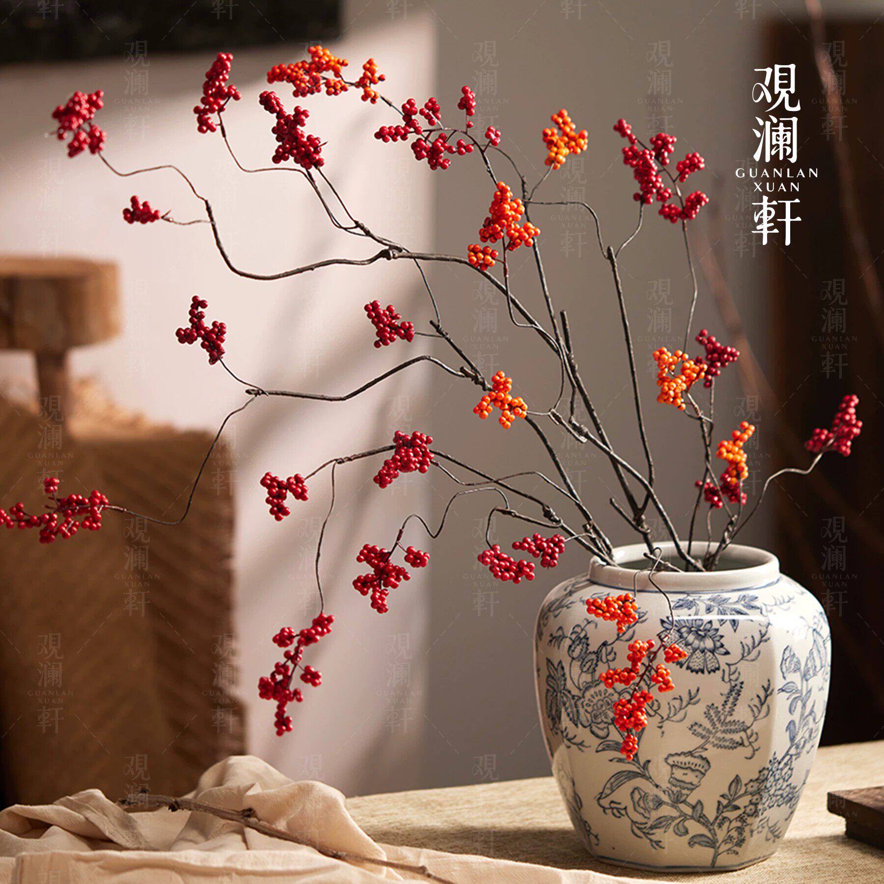 串串金果秋叶仿真干枝发财果假花茶室禅意过年喜庆花艺花瓶摆设