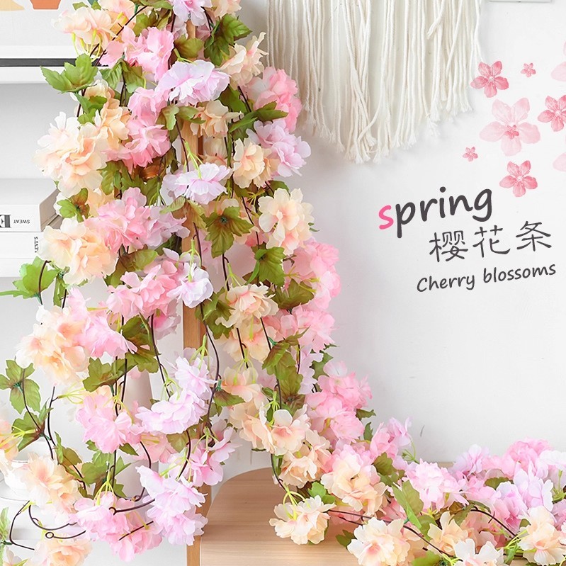 仿真樱花藤条假花吊篮空调暖气管道缠绕遮挡室内吊顶婚庆装饰藤蔓
