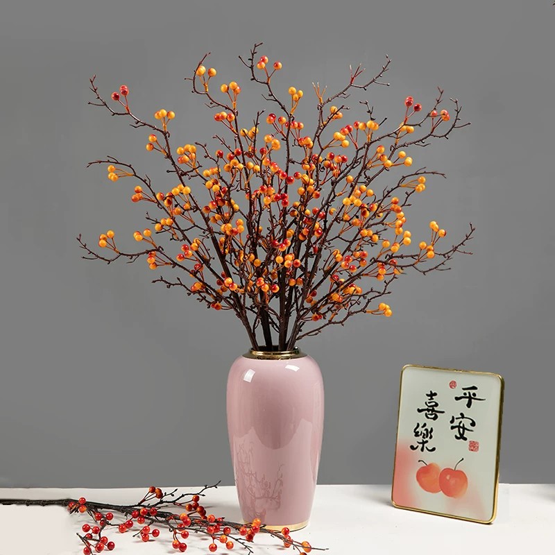 新年喜庆摆件仿真冬青发财果红浆果假花花束客厅餐桌插花装饰花艺