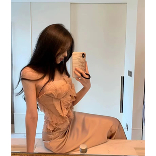 纯欲风两件套女皱褶荷叶边抹胸上衣缎面气质包臀裙女 法式 夏季 新款