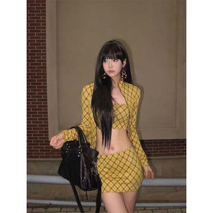 美式复古辣妹格子黄色格纹半身裙长袖开衫套装三件套修身上衣