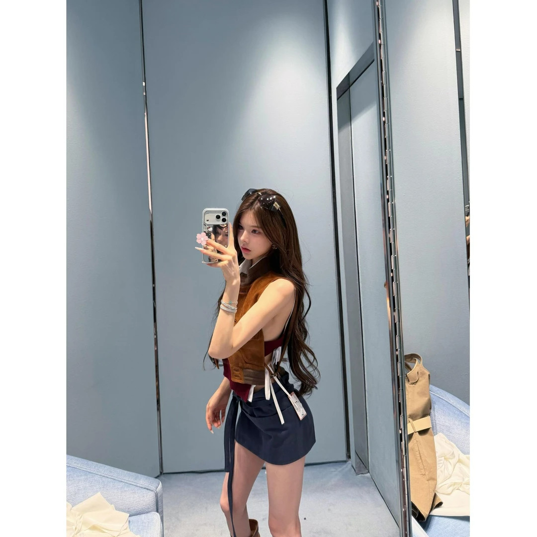 野性觉醒 夏季新款复古麂皮绒立领马甲叠穿针织背心配短裙三件套