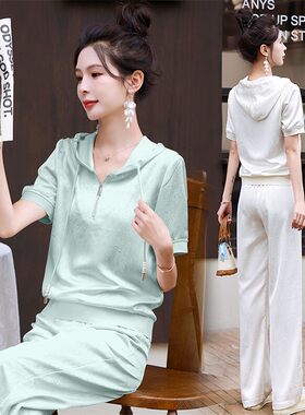 夏季新款连帽卫衣阔腿裤三件套女