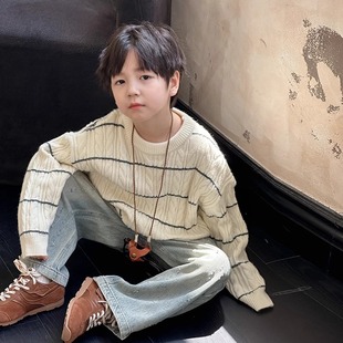 男童细条纹麻花毛衣儿童秋装宝宝圆领套头羊绒打底中大童针织衫潮