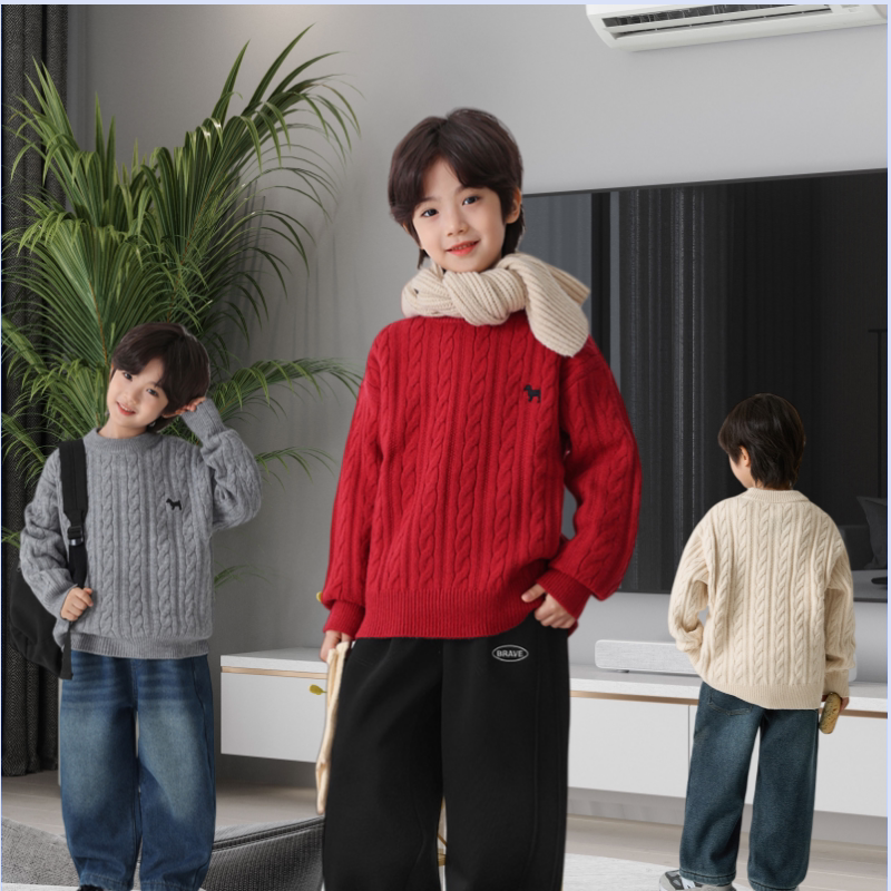 男童复古麻花红色毛衣秋冬新款中大童时髦休闲软糯针织上衣新年服