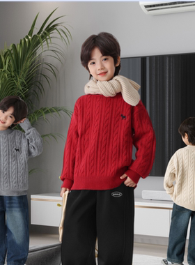 男童复古麻花红色毛衣秋冬新款中大童时髦休闲软糯针织上衣新年服