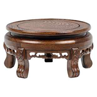 鸡翅木实木观音佛像工艺品摆件石头底座托架圆形花瓶鱼缸花盆底座