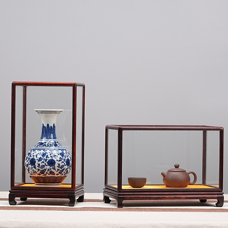 红木工艺品佛像观音佛龛红酸枝花瓶古董玻璃罩子摆件展示盒防尘罩