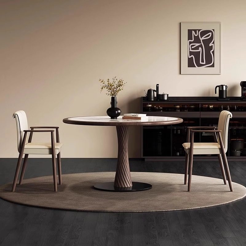 意式高端实木岩板餐桌圆形带转盘家用小户型侘寂风黑胡桃木色圆桌