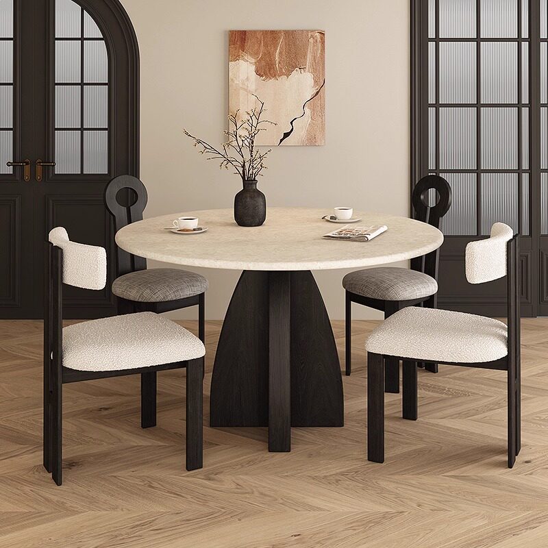 法式复古天然洞石餐桌圆形家用黑色实木小户型大理石圆中古风餐桌