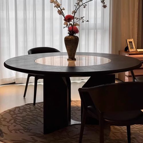 北欧实木圆桌现代简约家用圆形餐桌意式岩板转盘电磁炉创意侘寂风