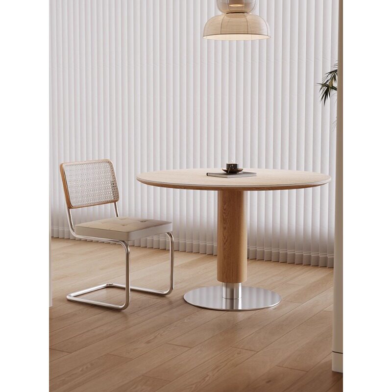 洞石岩板圆桌餐桌家用小户型餐厅圆形饭桌设计师小户型实木桌子