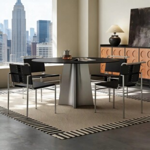 锥星圆餐桌包豪斯依诺岩板不锈钢圆形桌子带转盘小户型餐桌椅组合