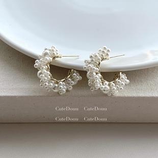 CuteDouu 米穗珠串 设计感显贵珍珠耳环C型半环耳钉小众高级耳饰