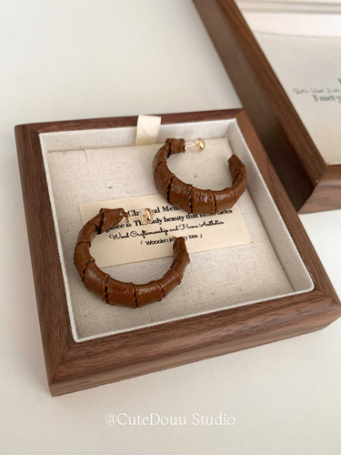 秋日咖啡复古棕色皮质C形耳圈