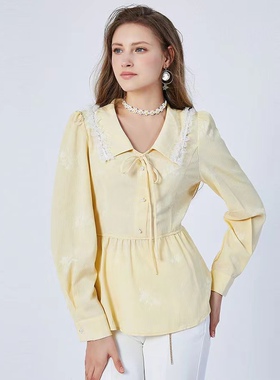 Season季wind柜价969黄色155S码提花面料翻领长袖套头衬衫优雅女