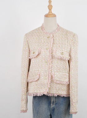 24秋IMIZ正品法式粉色小香风编织粗花短外套名媛气质韩版显瘦上衣