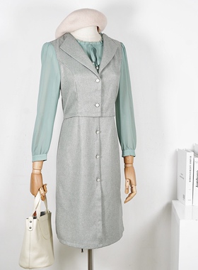 【清版不退换】24秋160M码豆绿色雪纺拼接假两件套头马甲连衣裙