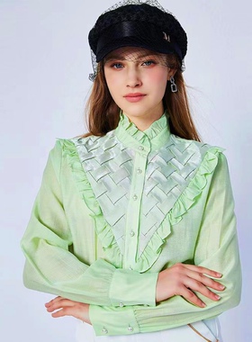Season季wind柜价949浅绿色立领编织花边装饰泡泡袖气质长袖衬衫