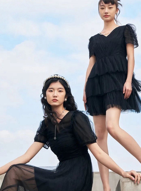 兰*蔻*卓*雅160M码黑色网纱连衣裙轻奢百搭显瘦短袖连衣裙礼服裙