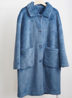 【清版不退换】UD冬160M码深蓝色皮毛一体中长外套名媛气质大衣