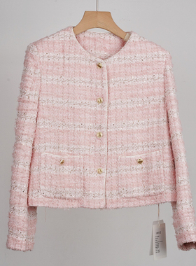 24秋IMIZ奥瑾小香风外套女短款圆领亮片粗花呢粉色名媛气质上衣