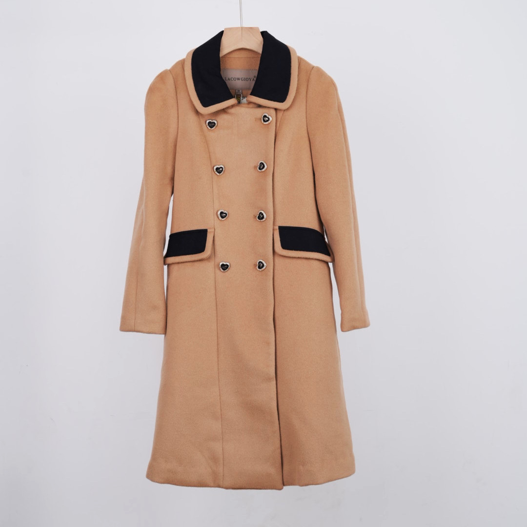 冬兰*蔻*卓*雅155S码100羊毛撞色长大衣夹棉学院风毛呢长大衣女
