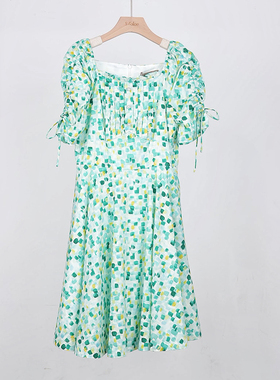 兰*蔻*卓*雅160M码柜价1298绿色方领碎花连衣裙显瘦百搭气质长裙