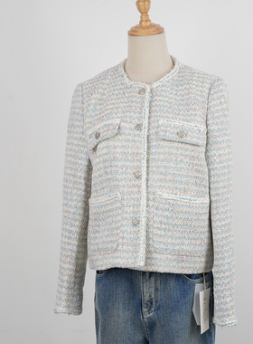 24秋IMIZ轻奢蓝色编织小香风短外套通勤气质百搭圆领长袖洋装上衣