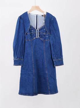 兰*蔻*卓*雅160M码蓝色牛仔钉珠连衣裙弹力收腰显瘦长袖连衣裙