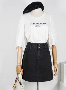 Rosea朗lea斯莉24夏160M码黑色洗水牛仔钉珠高腰半身裙休闲短裙