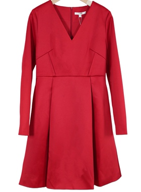 卡洛琳春新年红V领长袖连衣裙高腰赫本风长裙纯色红色优雅气质现