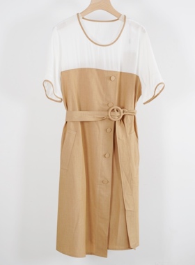 朗rasea斯莉夏弹力面料卡其撞色圆领套头短袖腰带连衣裙A字裙通勤