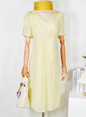 朗Rasea斯莉24夏165L码绿格纹泡泡袖V领高腰短袖连衣裙通勤文艺